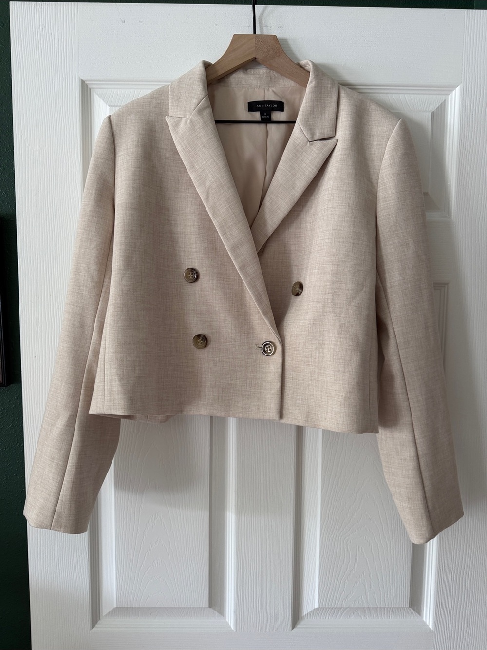 Ann Taylor Cropped Double-Breasted Beige Blazer